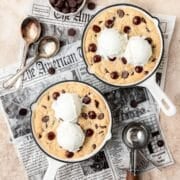 close up of mini cast iron skillet cookies.