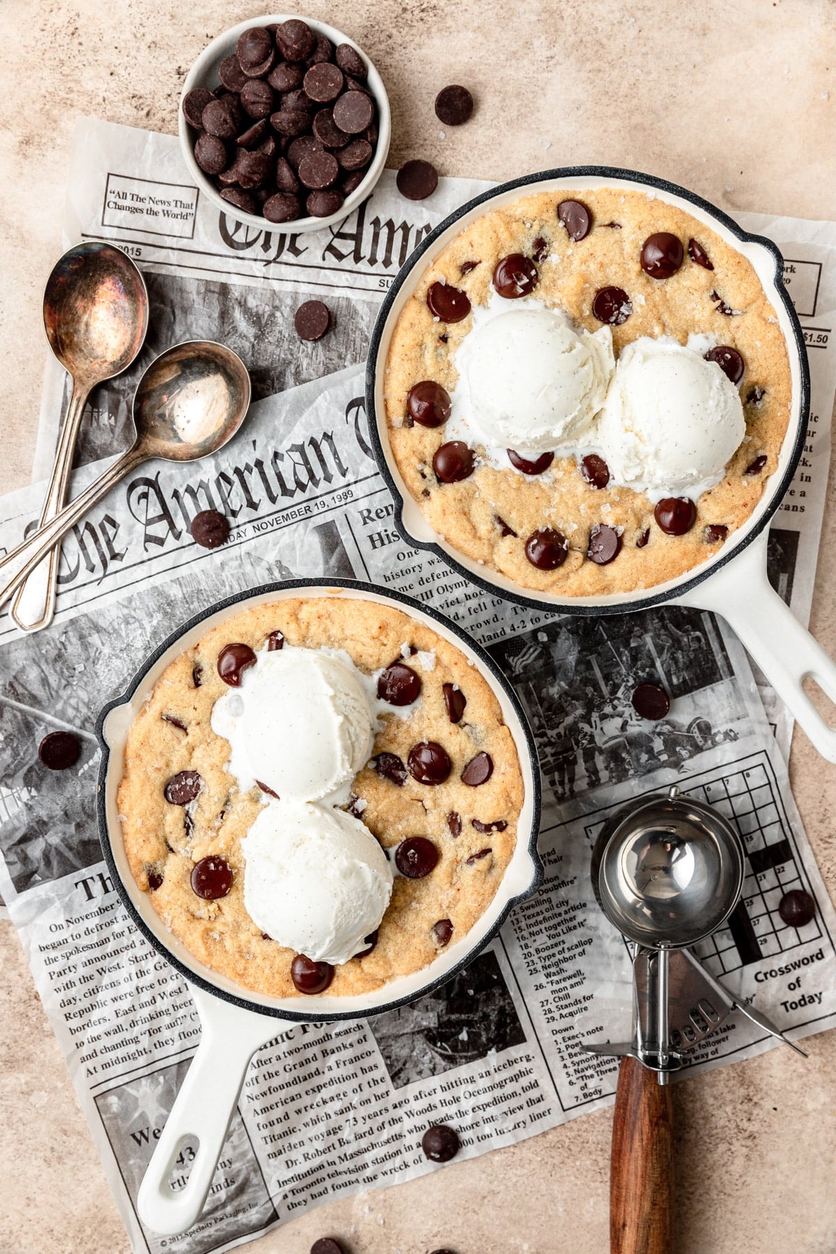 two mini cast iron skillet cookies.