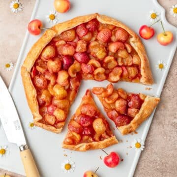 close up of rainier cherry galette.