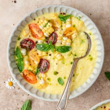 close up of sweet corn gazpacho.