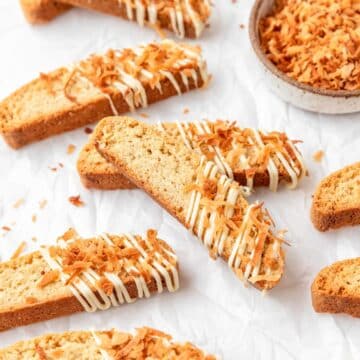 close up of toasted coconut biscotti with white chocolate.