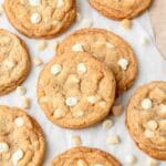 close up of brown butter white chocolate macadamia nut cookies.