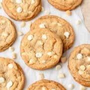 close up of brown butter white chocolate macadamia nut cookies.