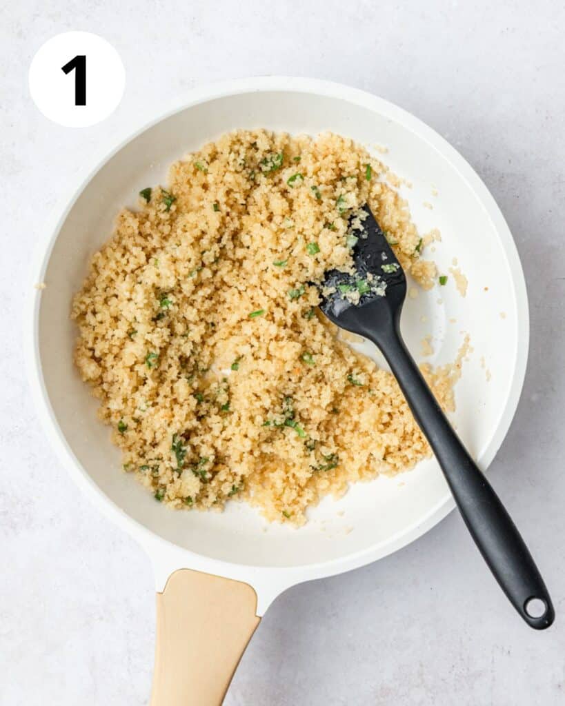 panko breadcrumbs and sage in pan.