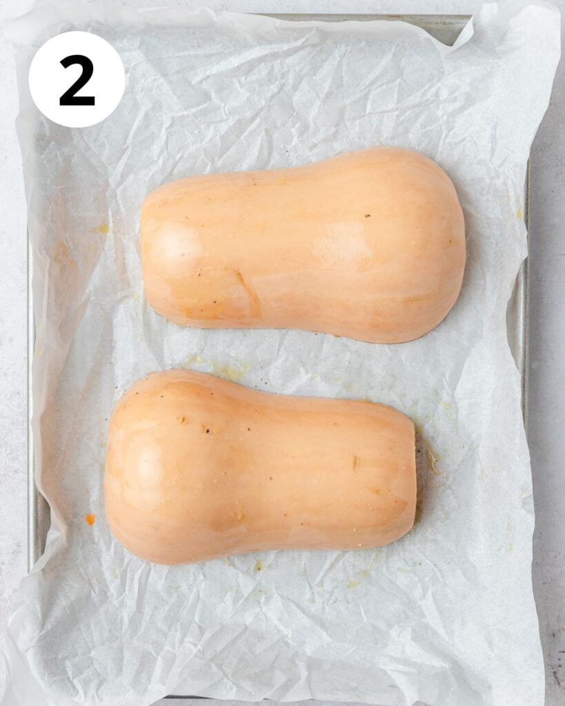 turning squash cut side down to roast.