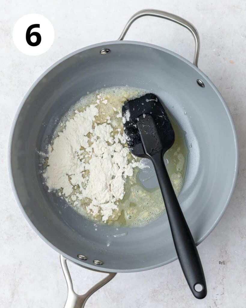 melted butter and flour in pan.
