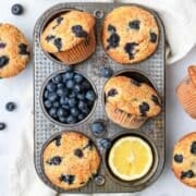 close up of brown butter blueberry muffins.
