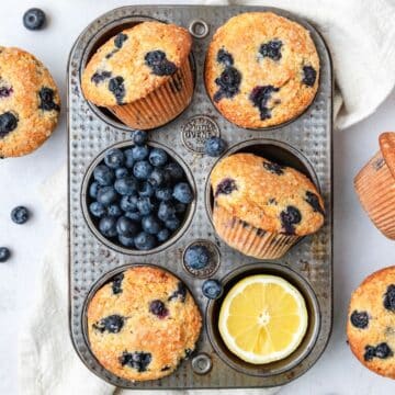 close up of brown butter blueberry muffins.