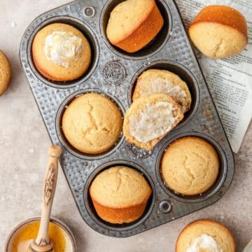 close up of brown butter honey cornbread muffins.