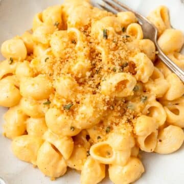 close up of bowl of butternut squash mac and cheese.