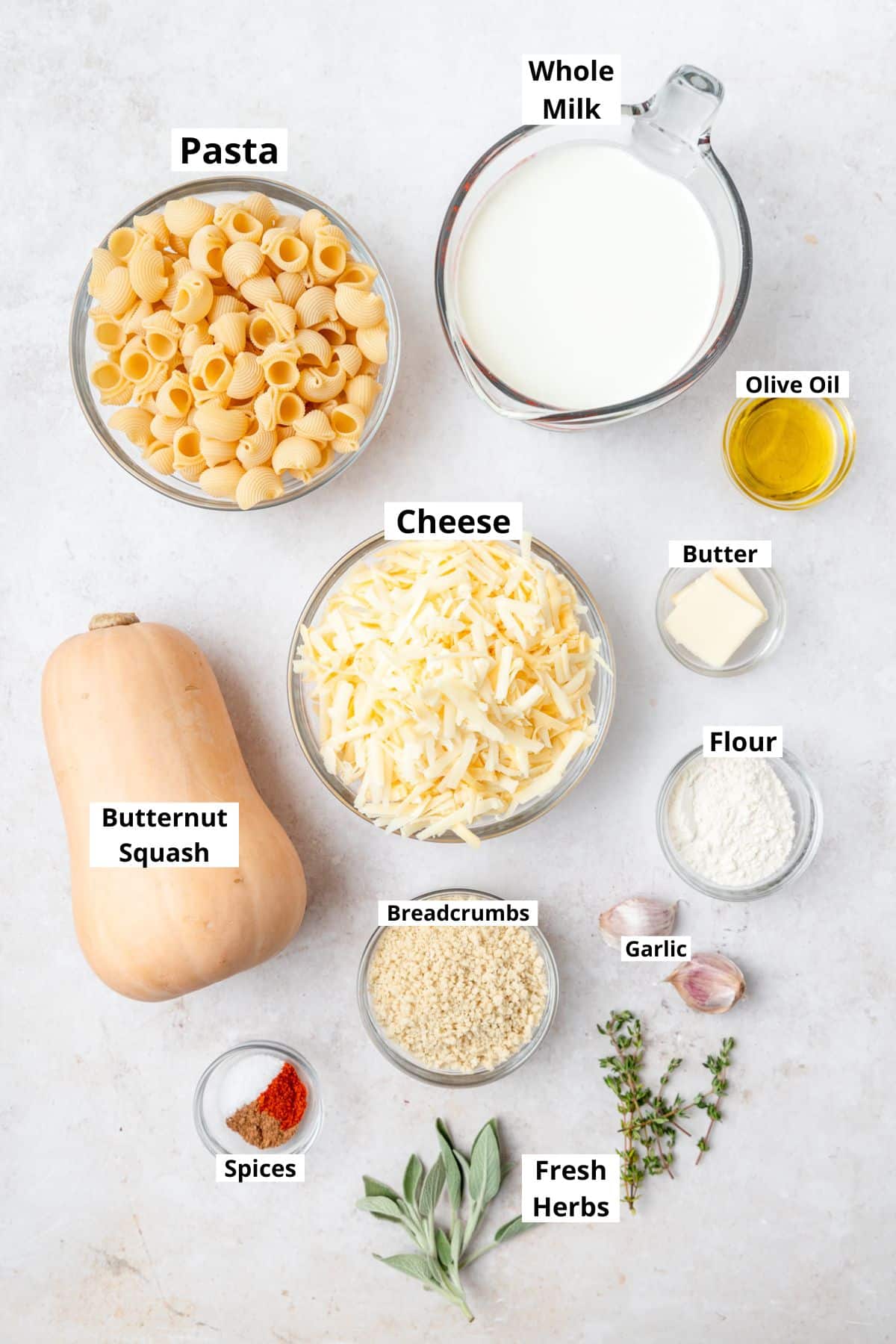 labeled ingredients for butternut squash mac and cheese.
