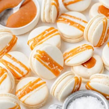 close up of salted caramel macarons filled with homemade caramel.