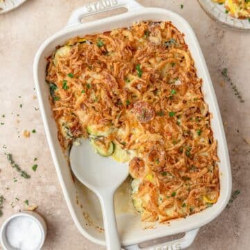 close up of summer squash casserole with zucchini and yellow squash.