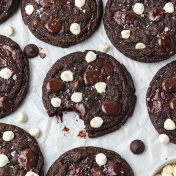 close up of triple chocolate cookies.