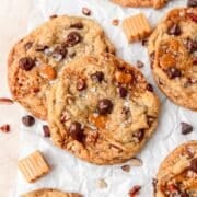 close up of brown butter turtle cookies.