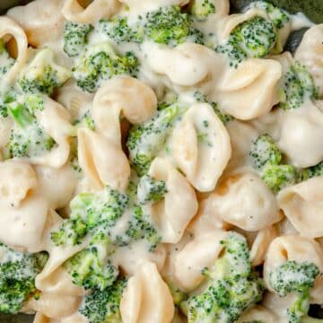 close up of white cheddar broccoli mac and cheese.