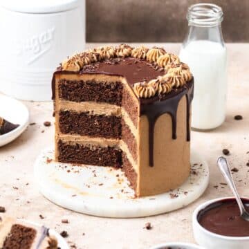 close up of chocolate espresso cake with chocolate cake layers and chocolate ganache.