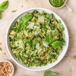 close up of pesto orzo salad.