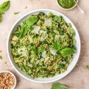 close up of pesto orzo salad.