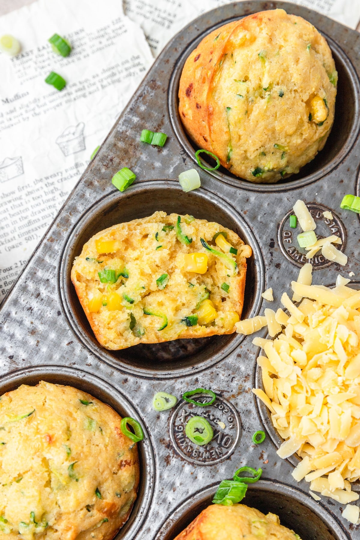 zucchini cornbread muffin cut in half.