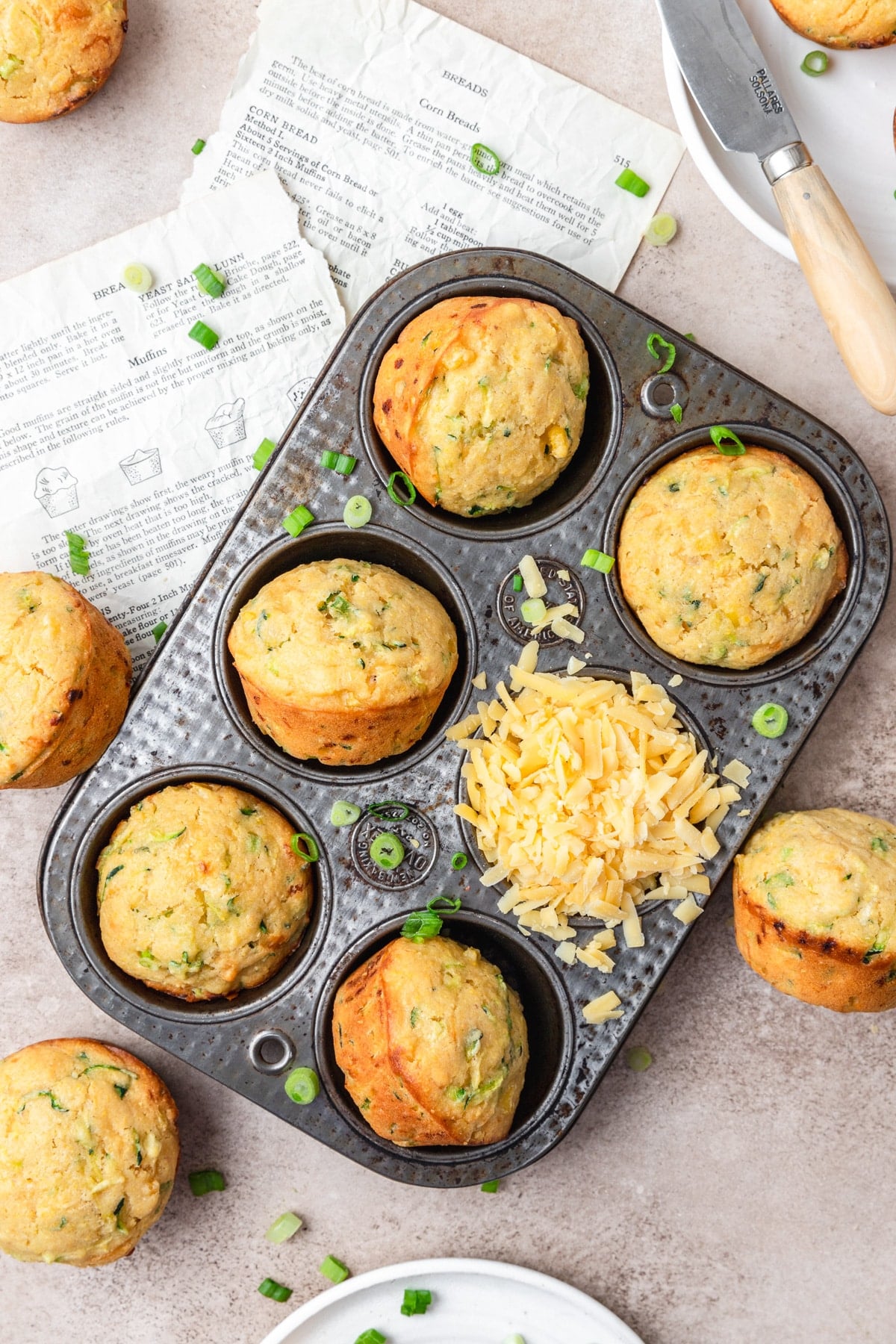 zucchini cornbread muffins after baking.
