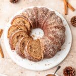 brown butter apple cider bundt cake with cinnamon sugar.