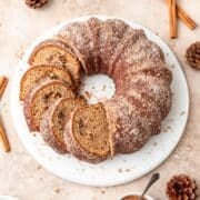 brown butter apple cider bundt cake with cinnamon sugar.