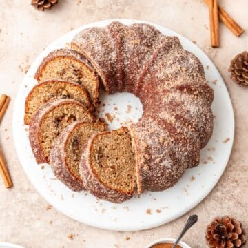 brown butter apple cider bundt cake with cinnamon sugar.