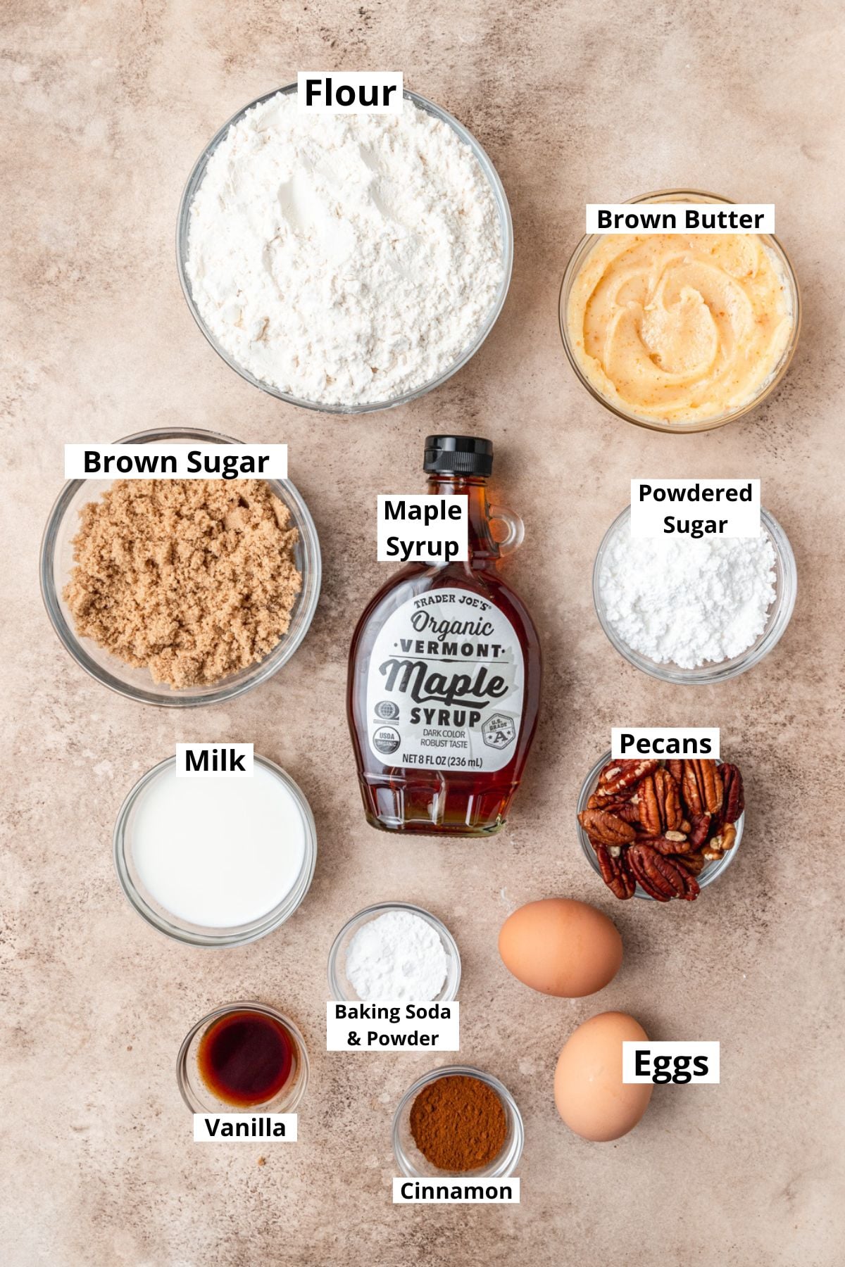 ingredients for maple pecan donuts.
