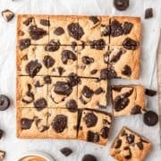 peanut butter blondies topped with dark chocolate peanut butter cups.