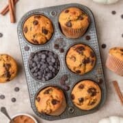 close up of pumpkin chocolate chip muffins.