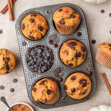 close up of pumpkin chocolate chip muffins.