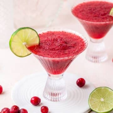 close up of frozen cranberry margaritas.