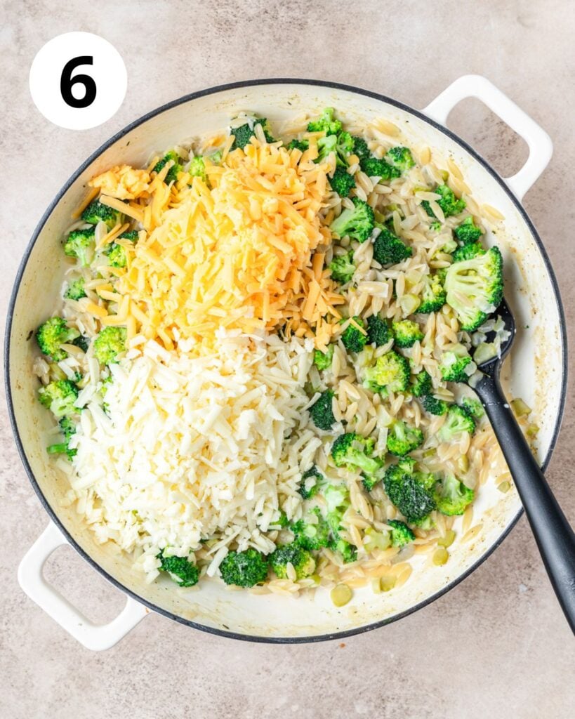 adding in fresh broccoli, shredded cheese, and cream.