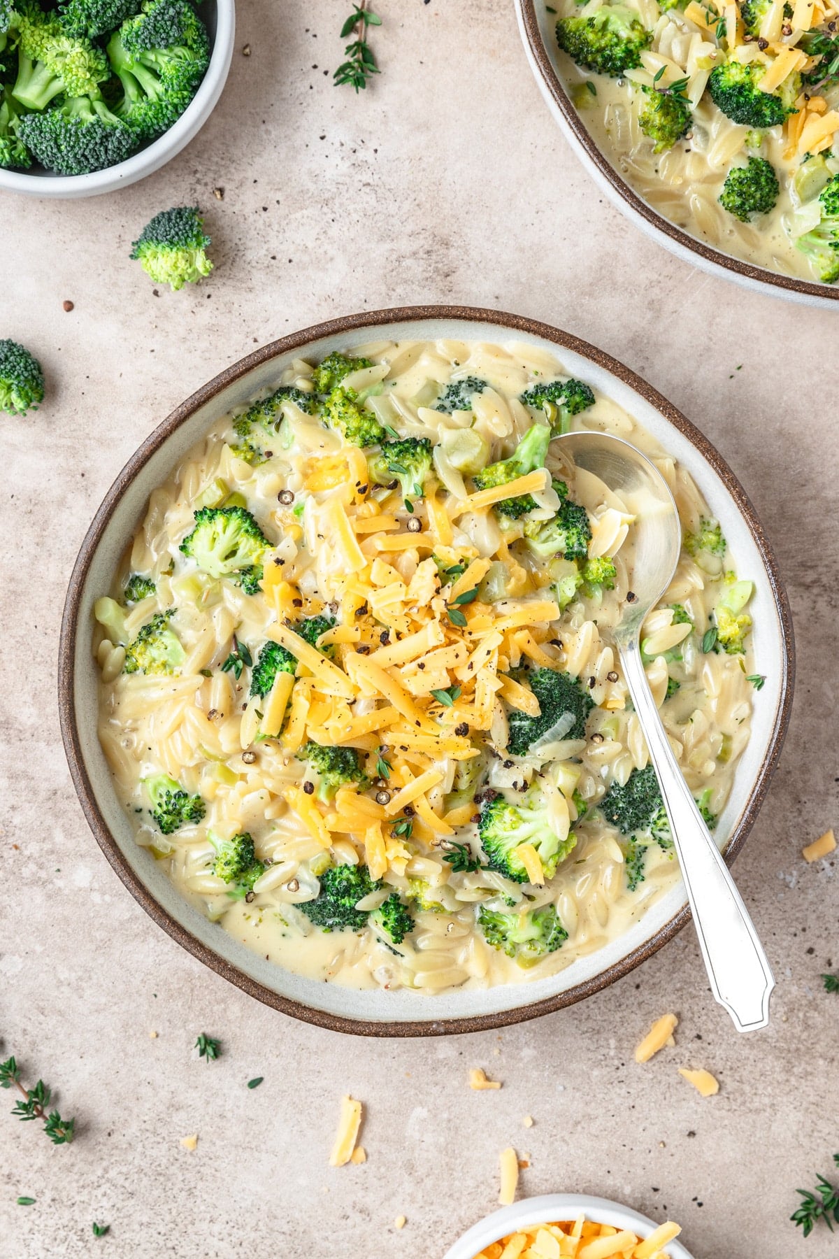 creamy broccoli cheddar orzo.