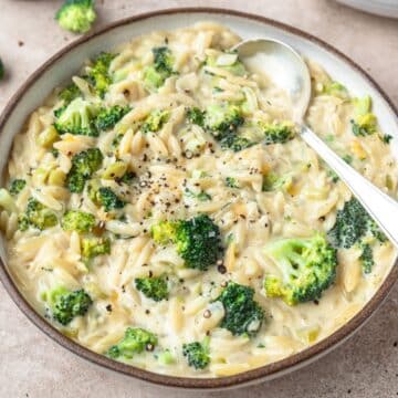 close up of creamy broccoli cheddar orzo.
