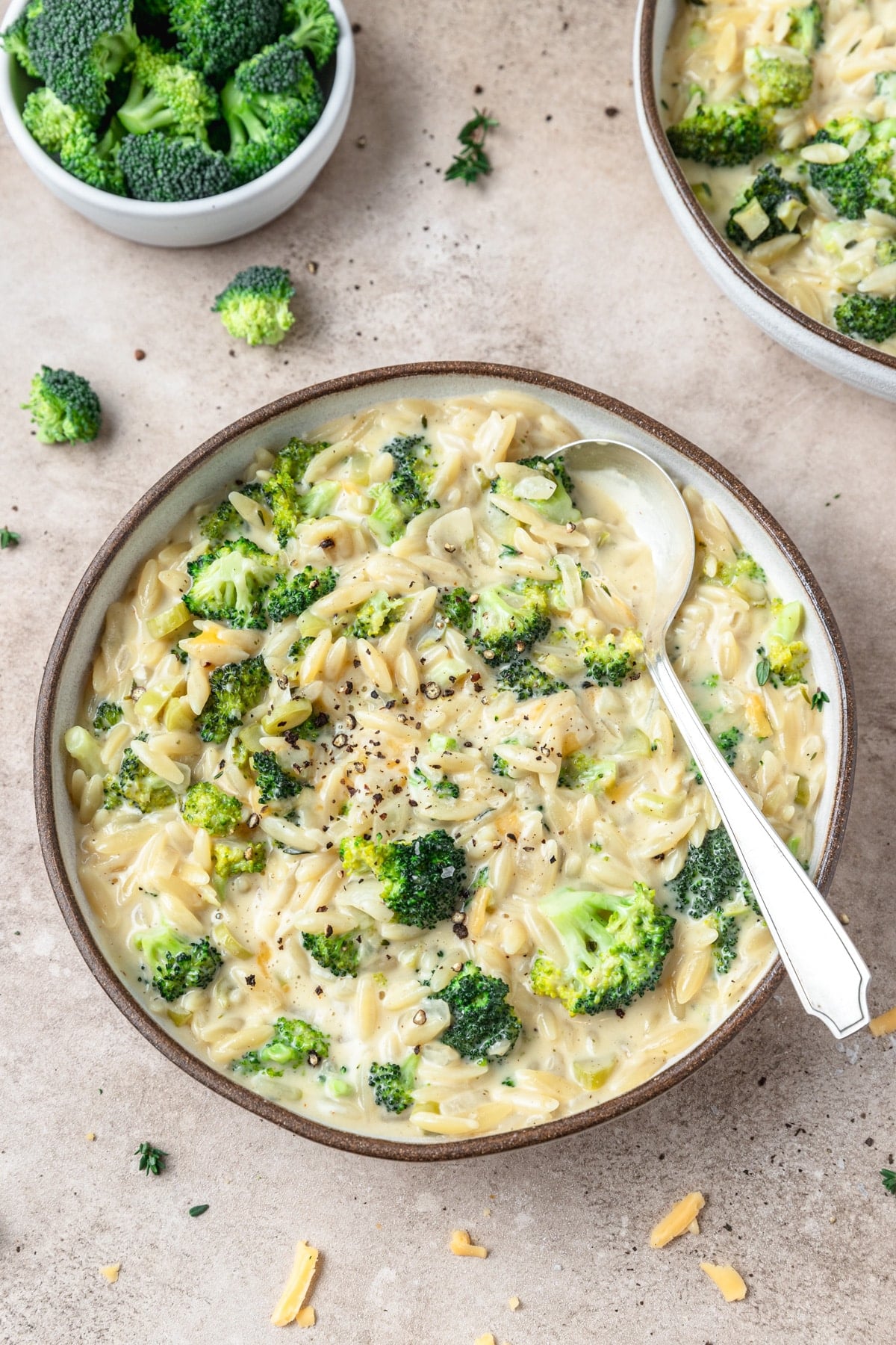 bowl of broccoli cheddar orzo.