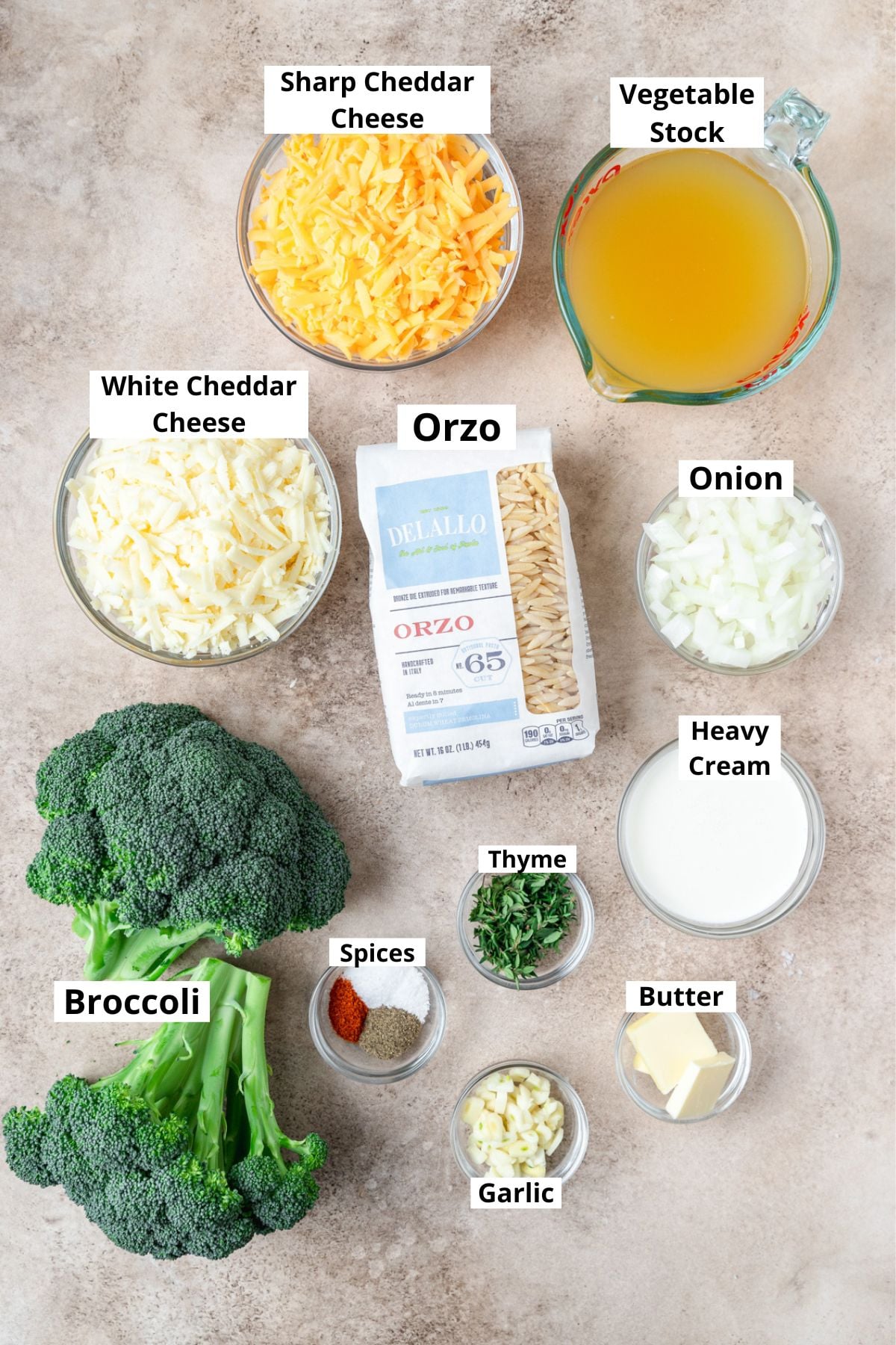 labeled ingredients for broccoli cheddar orzo.