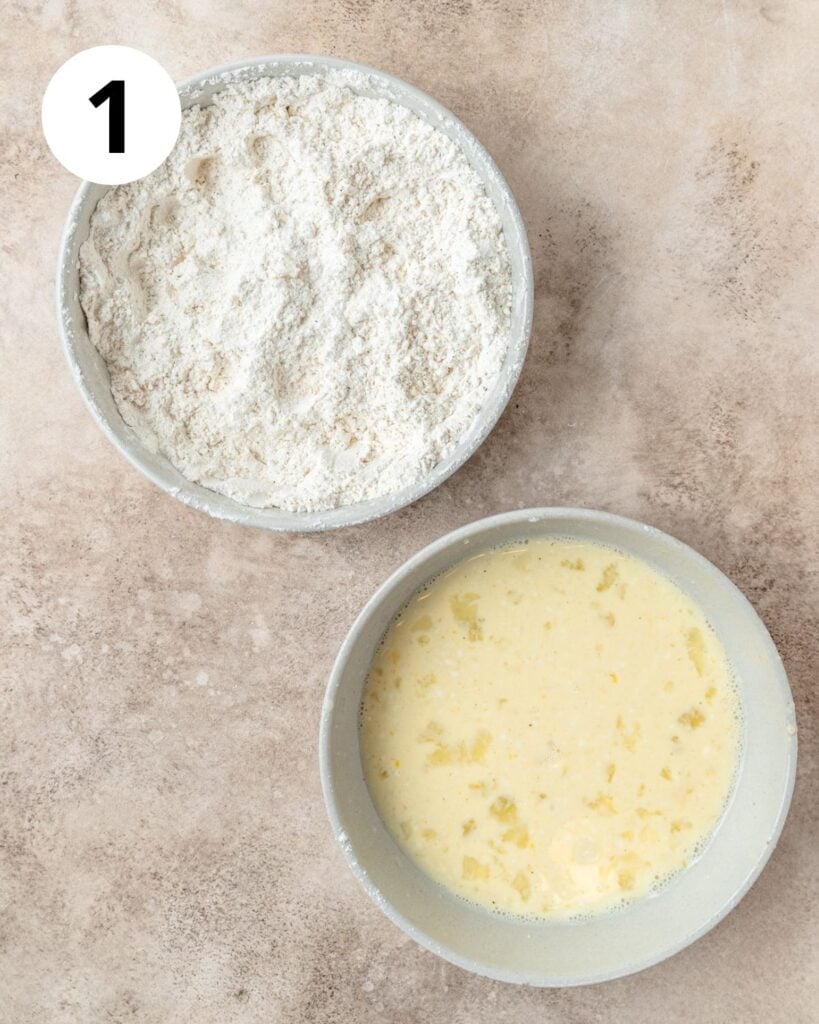bowls of seasoned flour and egg for batter.