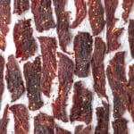 close up of homemade beef jerky.