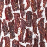close up of homemade beef jerky.