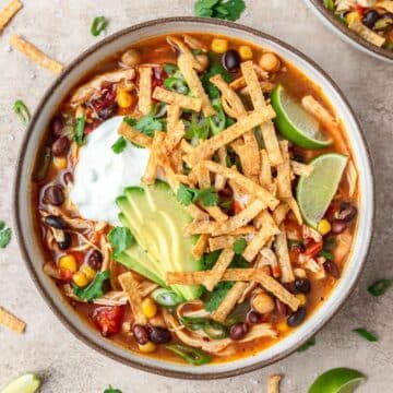 close up of slow cooker chicken tortilla soup.