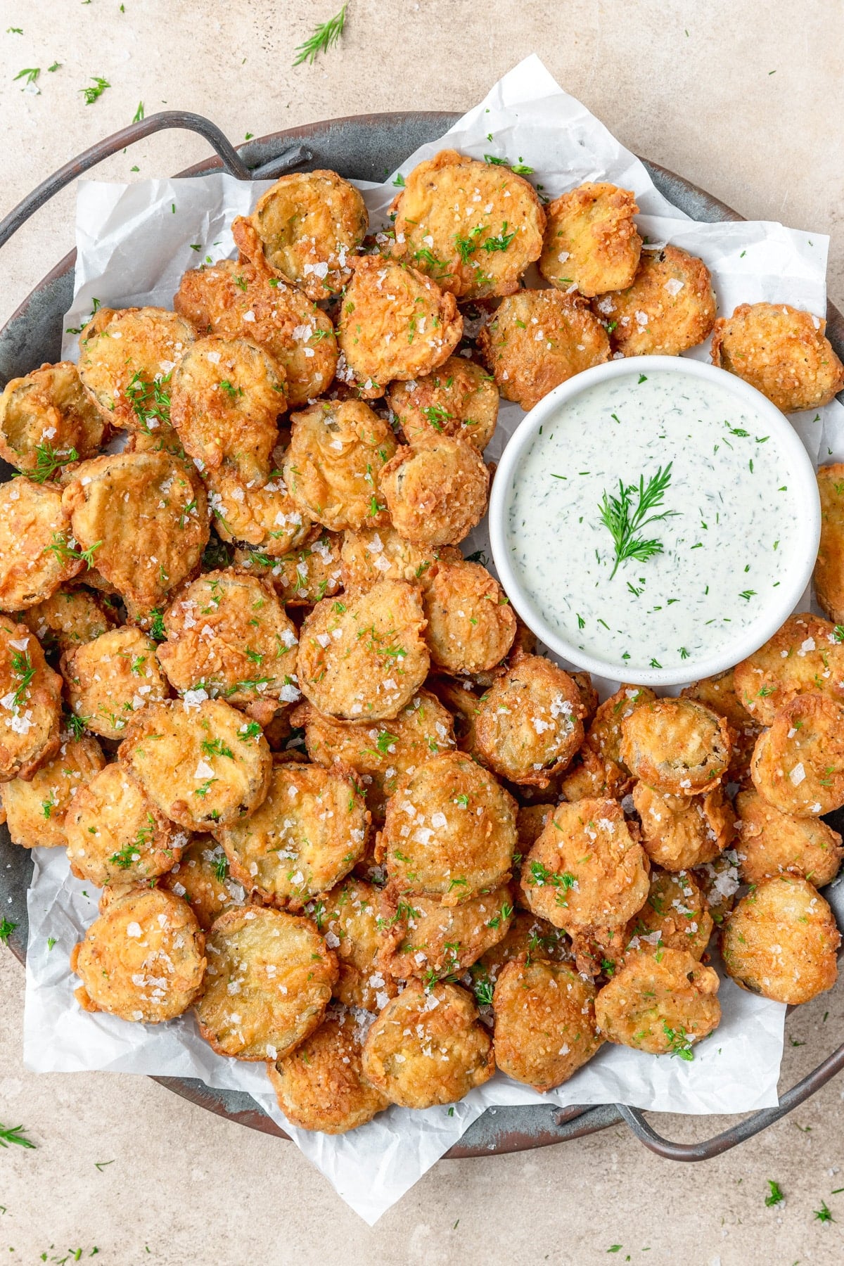 homemade fried pickles with homemade ranch.