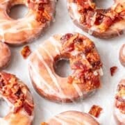 close up of fried maple bacon donuts.