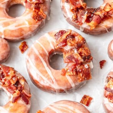 close up of fried maple bacon donuts.