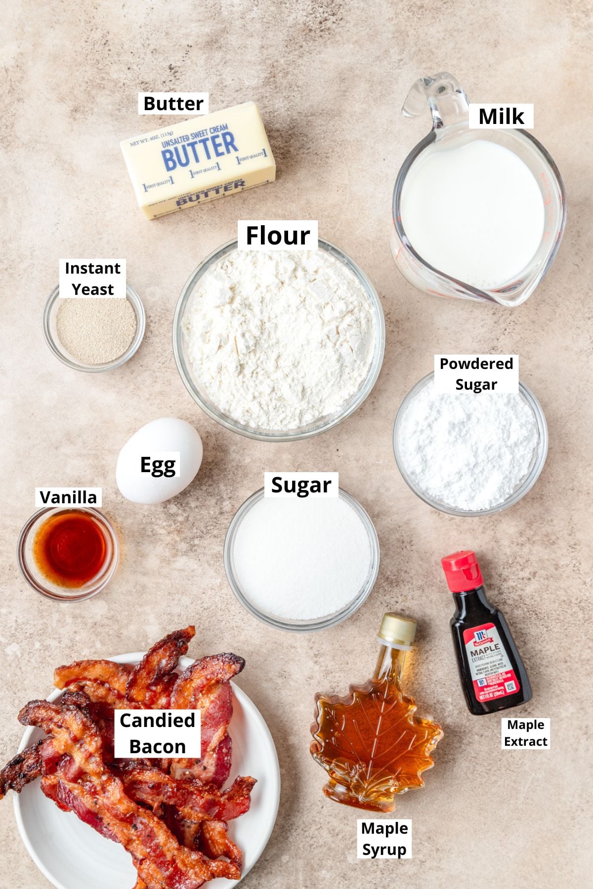 ingredients for maple bacon donuts.