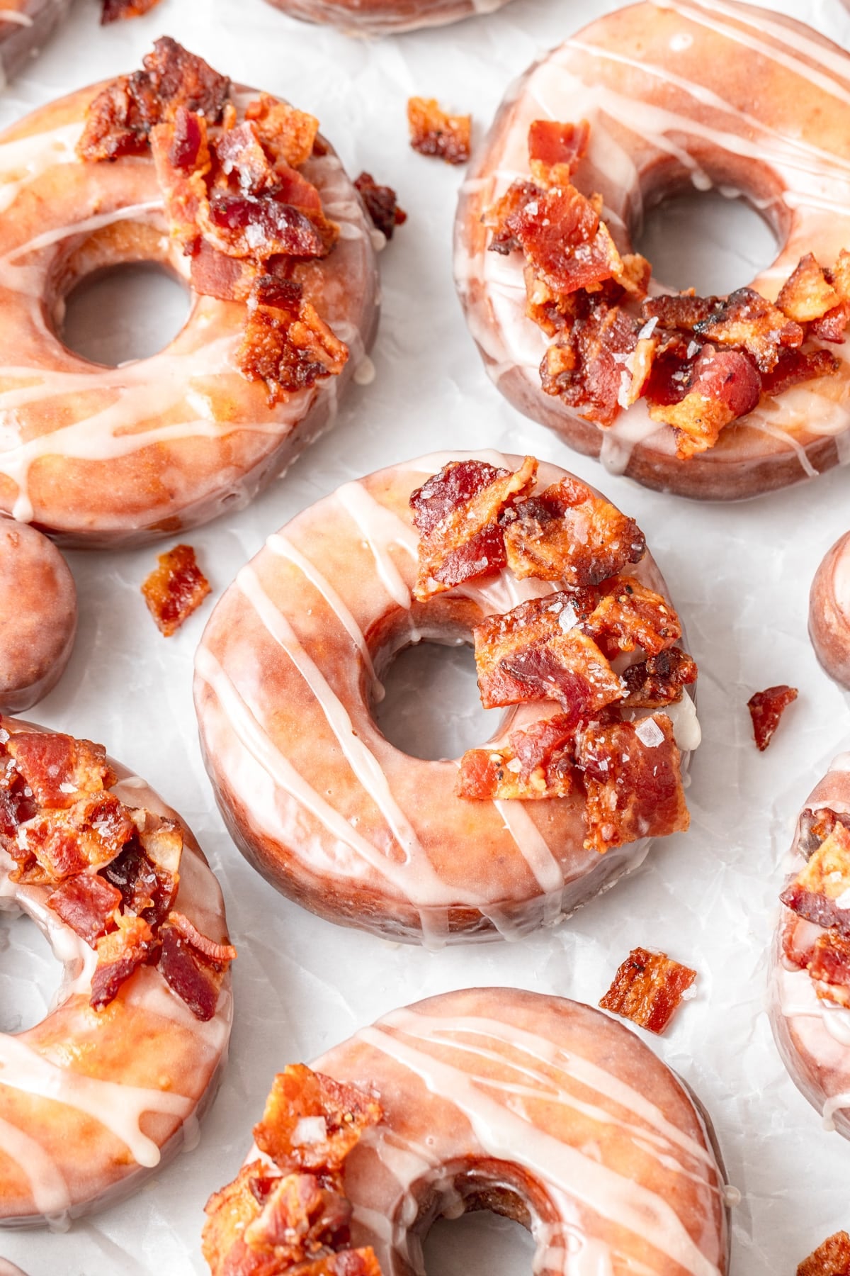 maple donuts topped with candied bacon.