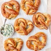 close up of spinach artichoke dip stuffed pretzels.