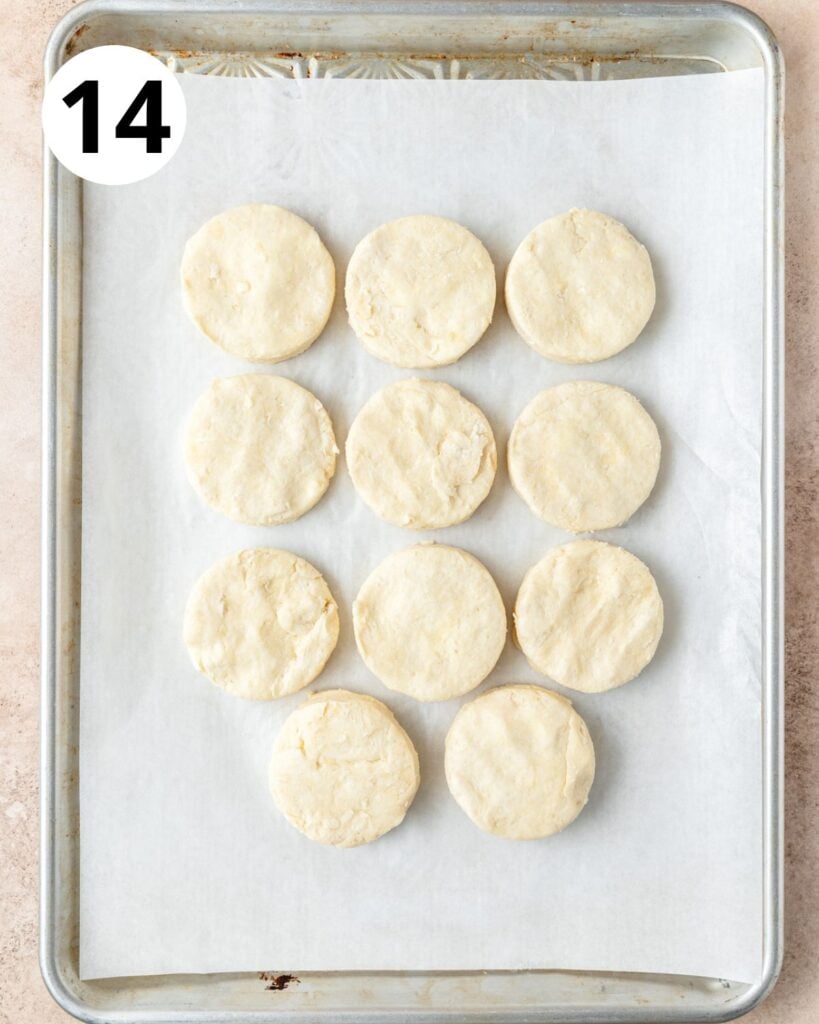 sourdough biscuits on baking sheet.