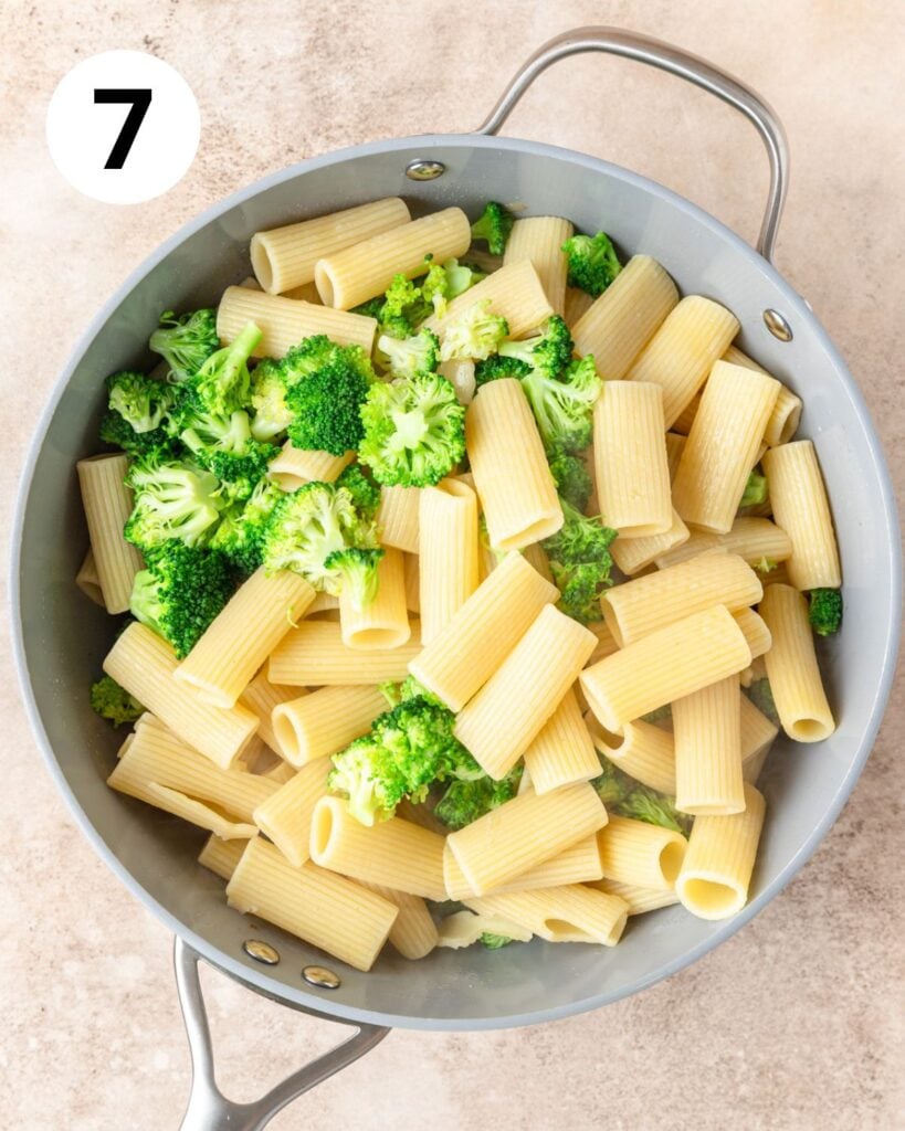 cooked pasta and broccoli in pot.